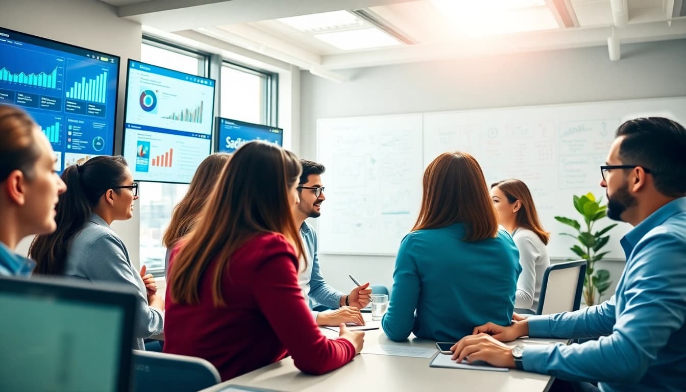 Engaged professionals in social media marketing collaborating on strategies and analytics.