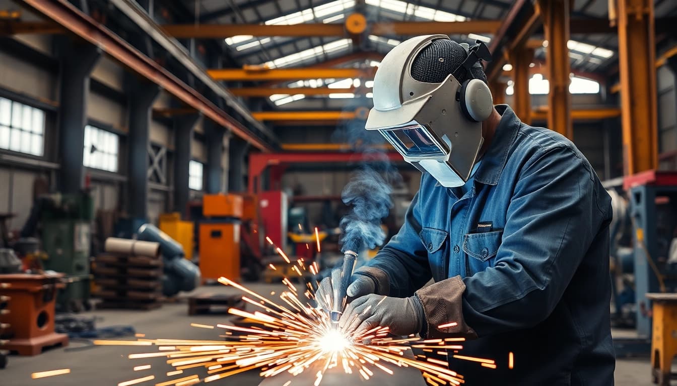 Welder engaging in structural steel welding, showcasing skill and precision in an industrial environment.