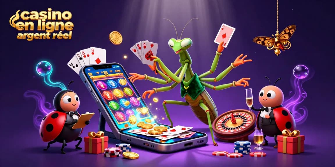 Engagez-vous dans le casino en ligne argent réel avec un caméléon en costume, des cartes à jouer et des jetons.