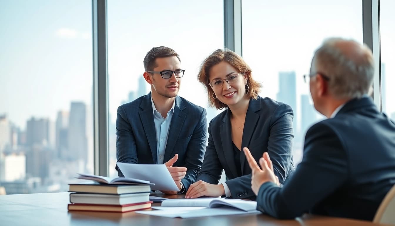 Intellectual property lawyer advising a client in a modern office setting, showcasing professionalism.