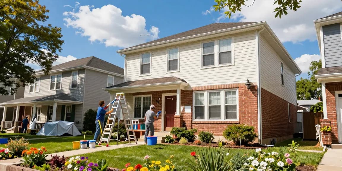 Exterior house painters Des Moines revitalizing a home with fresh paint, showcasing craftsmanship in a vibrant neighborhood.