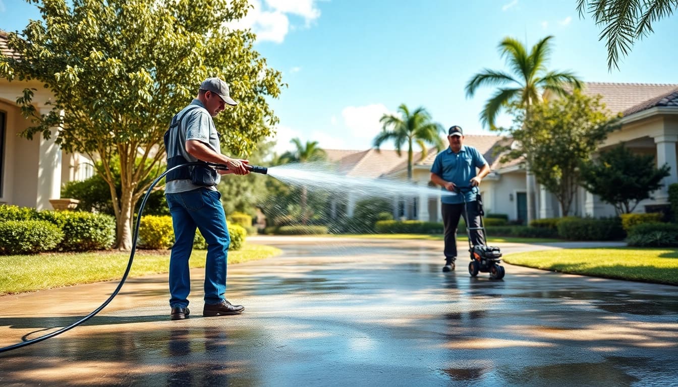 Professional team performing a pressure wash service on a driveway in Kissimmee, Florida.