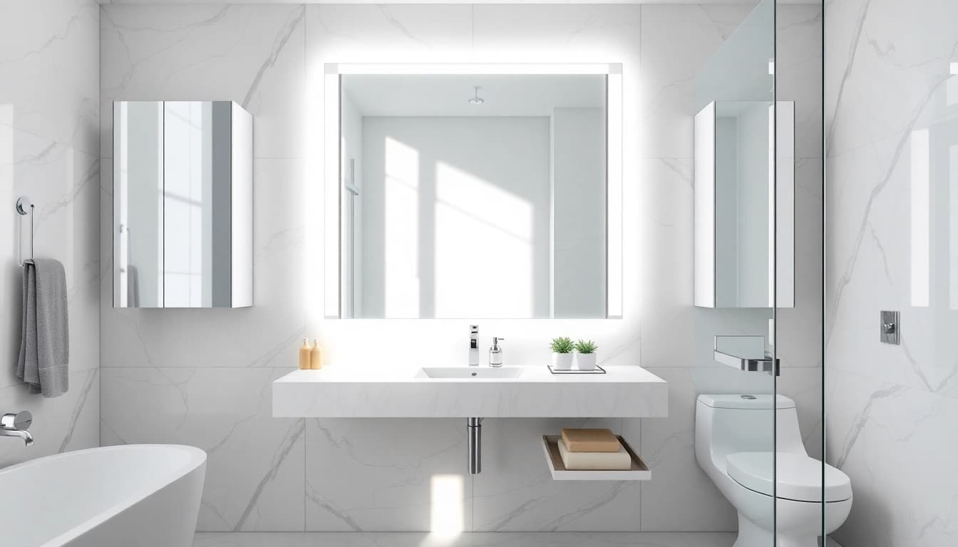 Enhance your space with a stylish mirror with lights, illuminating a modern bathroom design.