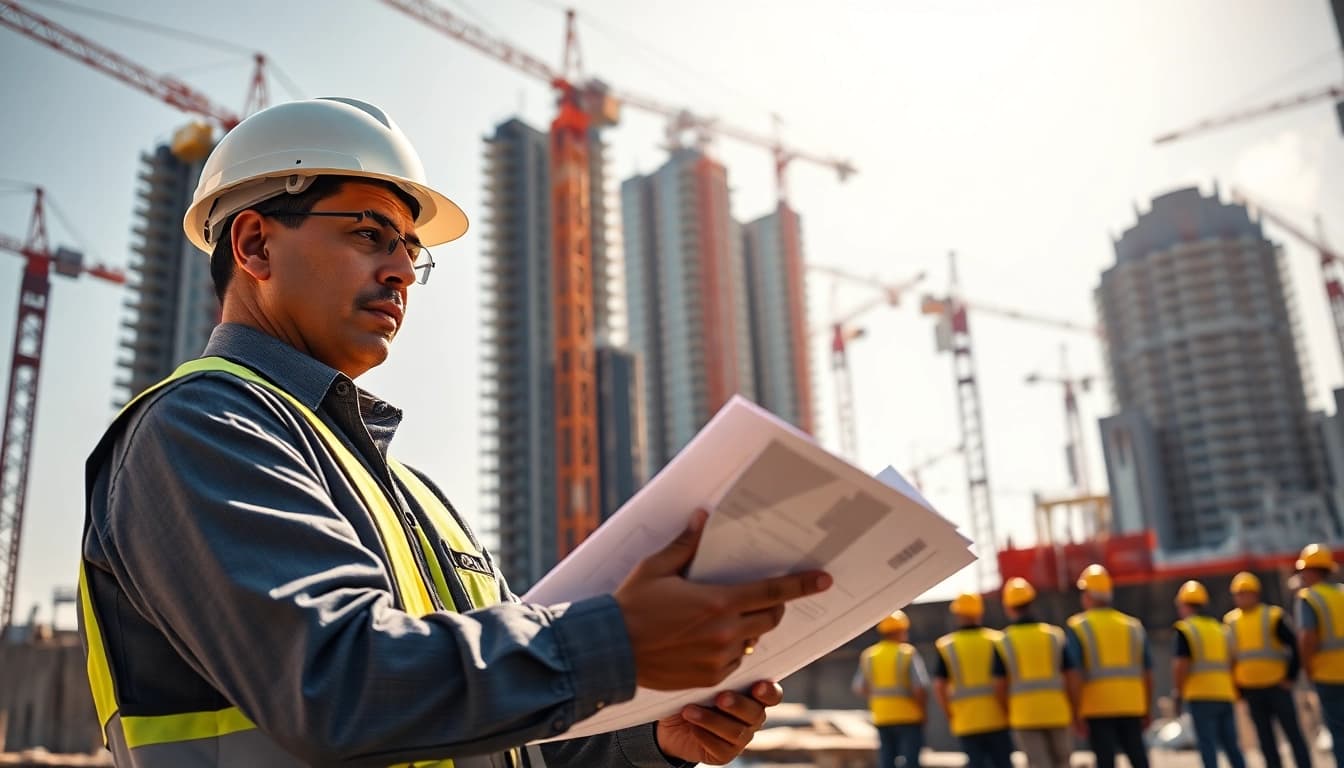 Manhattan Construction Manager assessing blueprints at a busy construction site.