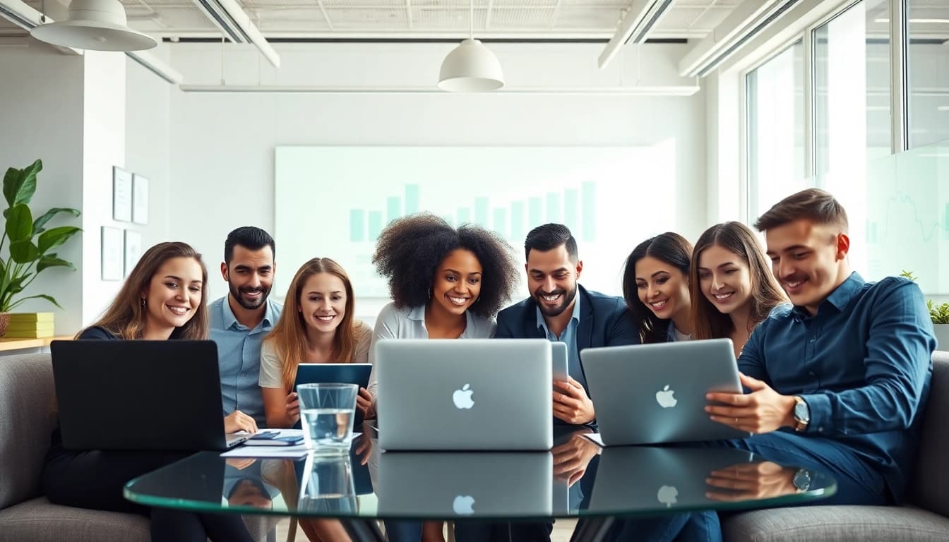 Collaborative team at a digital marketing company in a vibrant office setting.