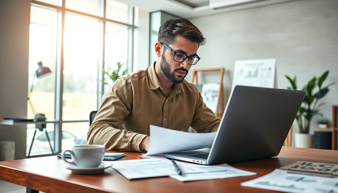 Streamlined Online LLC formation process with a focus on business paperwork in a modern workspace.