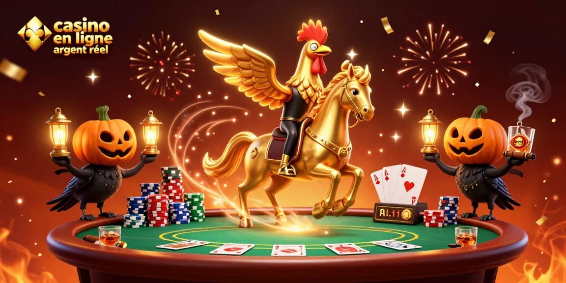 Illustration animée d'un casino en ligne argent réel avec des personnages fantaisistes, ambiance magique.