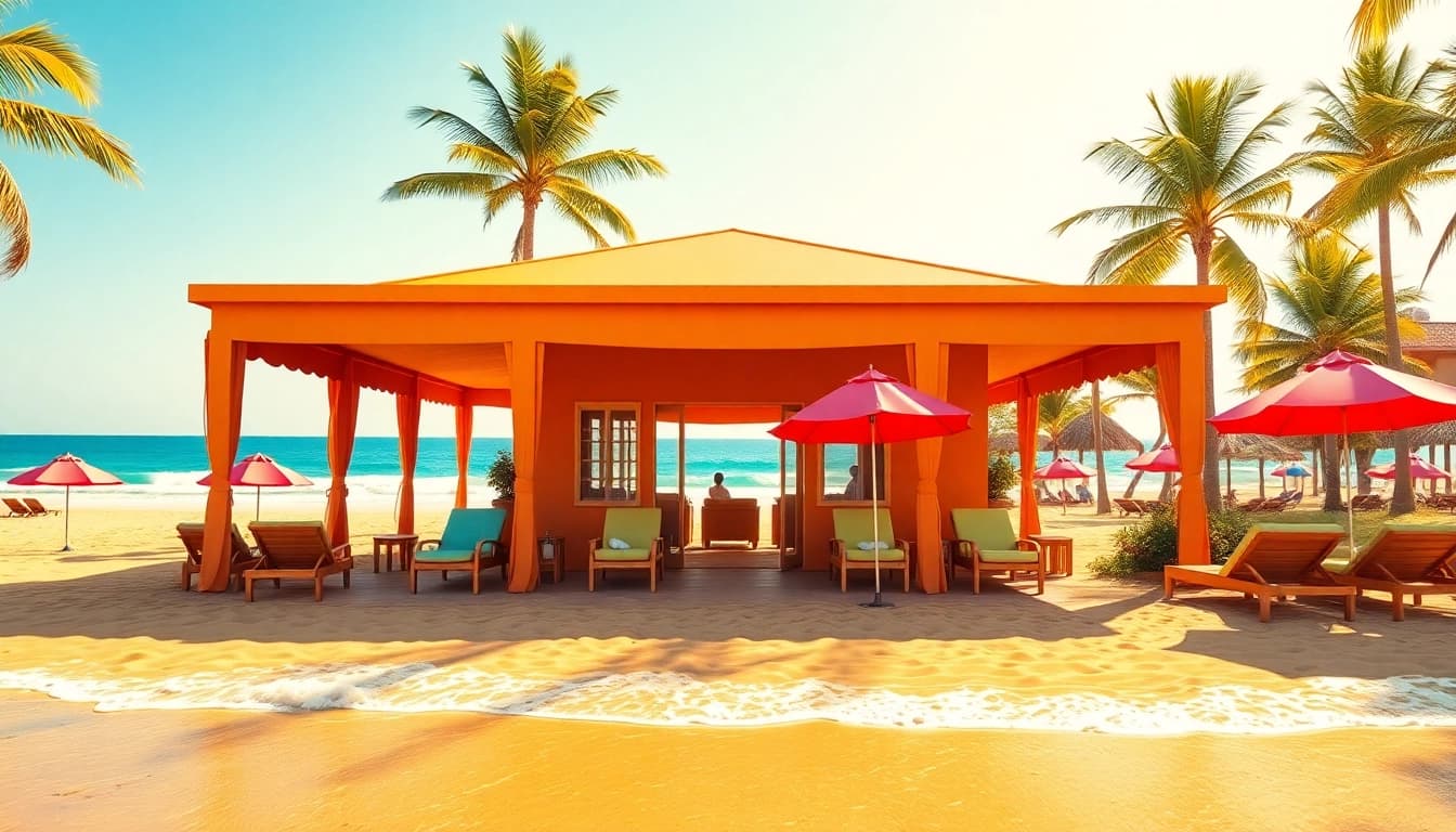Relaxing view of a coastal cabana with beach access and colorful seating.