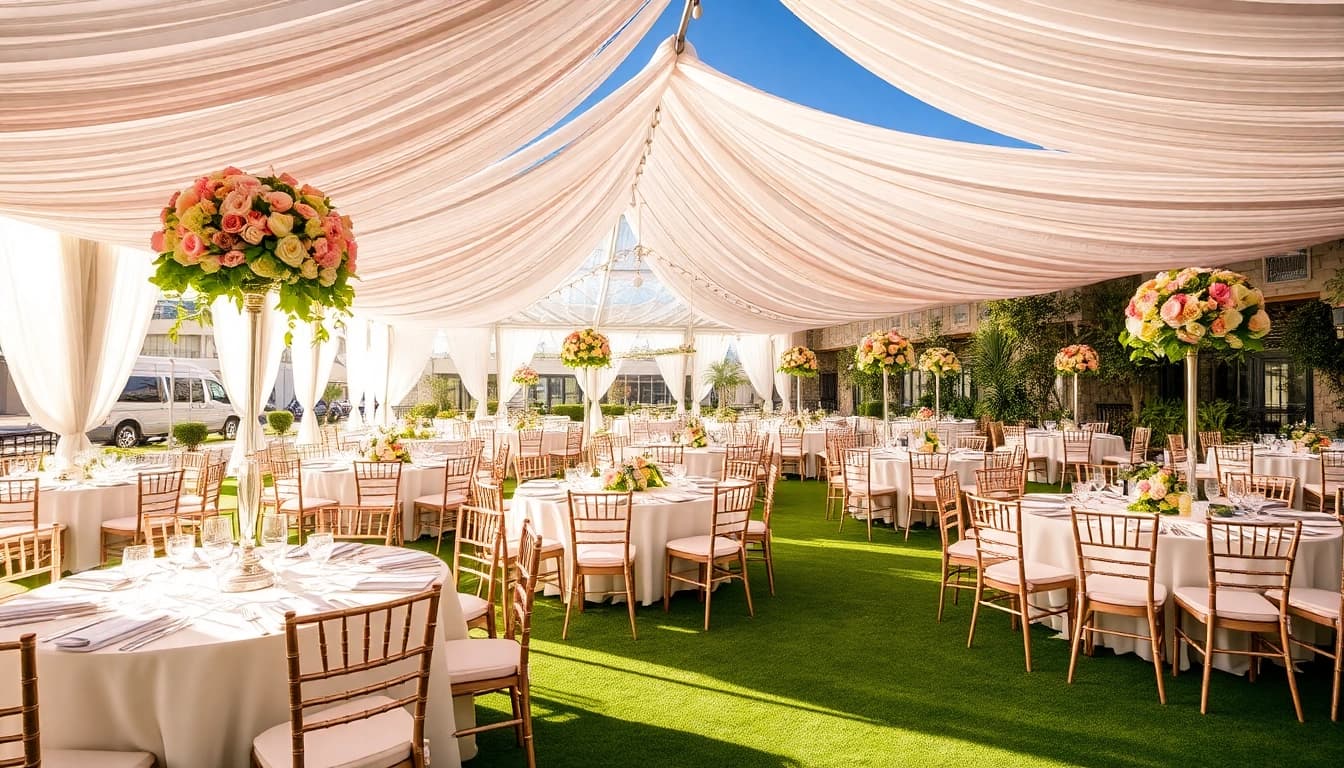 Stunning outdoor event showcasing Event Rentals Las Vegas with elegant setup, floral decorations, and bright atmosphere.