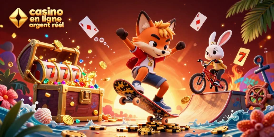 Plongez dans l'action du casino en ligne argent réel avec un renard skateboard en plein saut