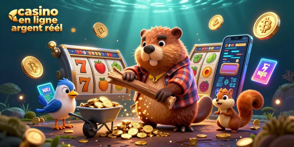 Jouez à un casino en ligne avec de l'argent réel avec des personnages amusants collectant des pièces d'or et des symboles de jeux.