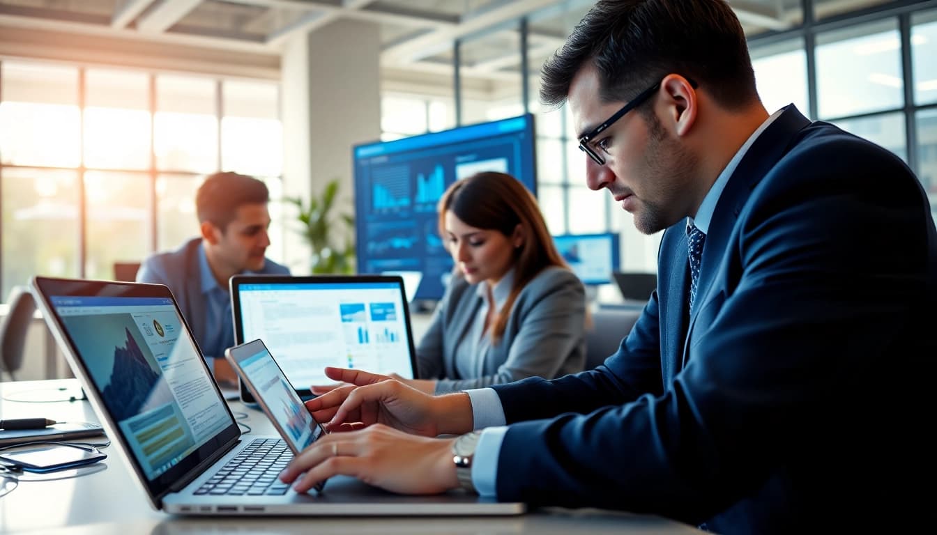 Efficient professionals using WPS Office software in a modern workspace - wps下载.