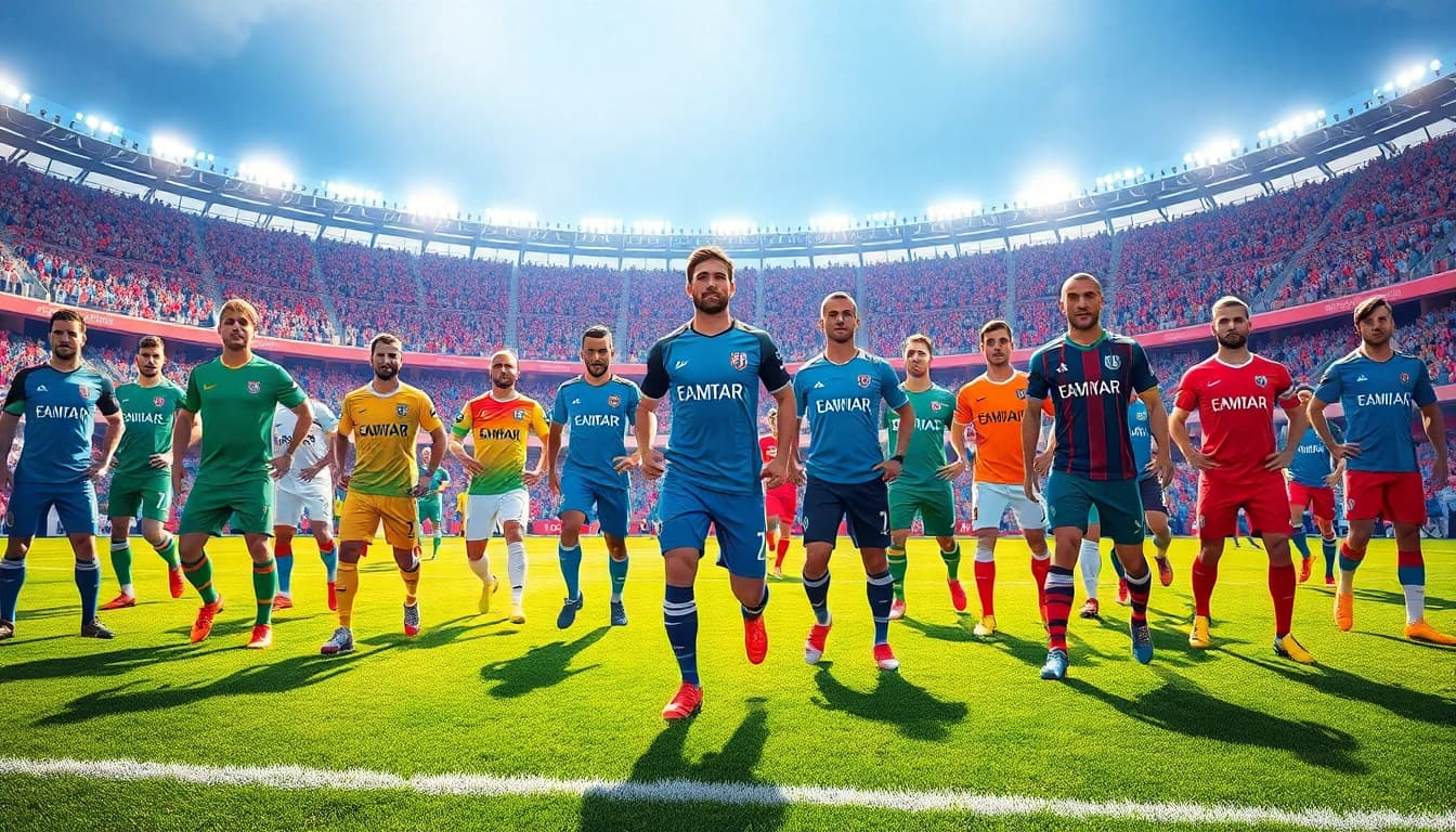 Showcasing team football kits in action, highlighting vibrant designs and energetic player movements.