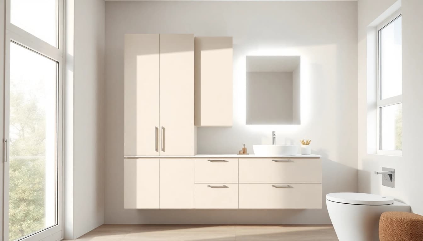 Stylish bathroom cabinet with mirror and light enhancing modern bathroom aesthetics.