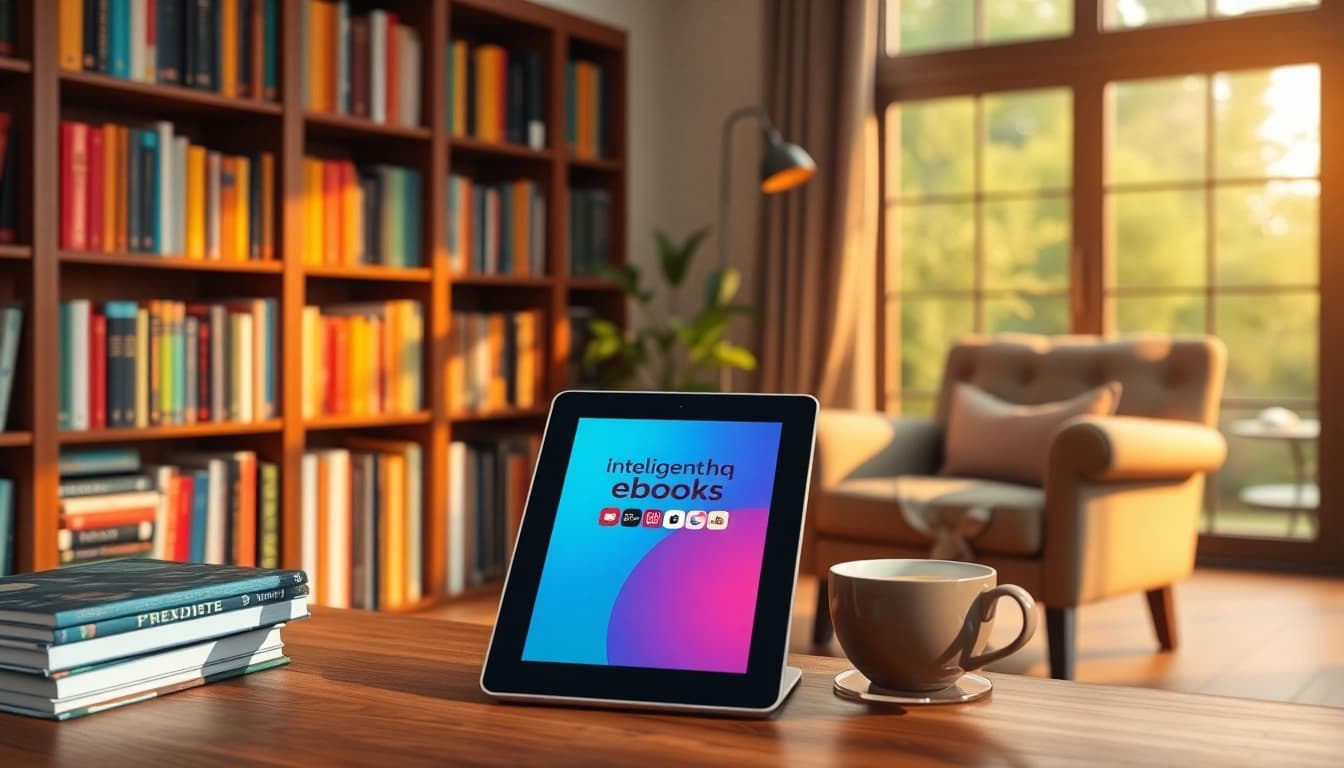 Showcasing Intelligenthq ebooks on a tablet amidst an inviting study setting.