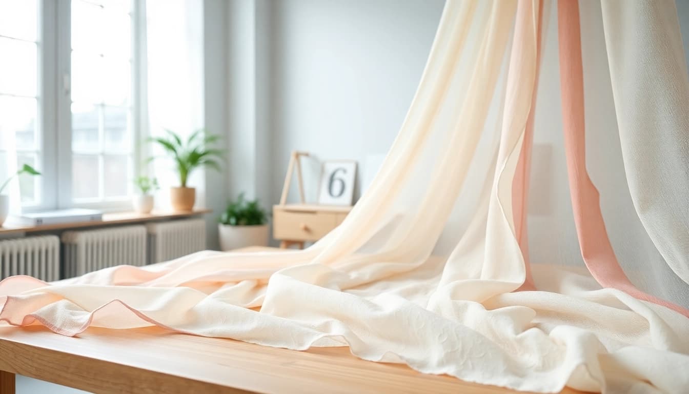 Bekijk de luxe voile stof met verschillende kleuren en texturen op een houten tafel.