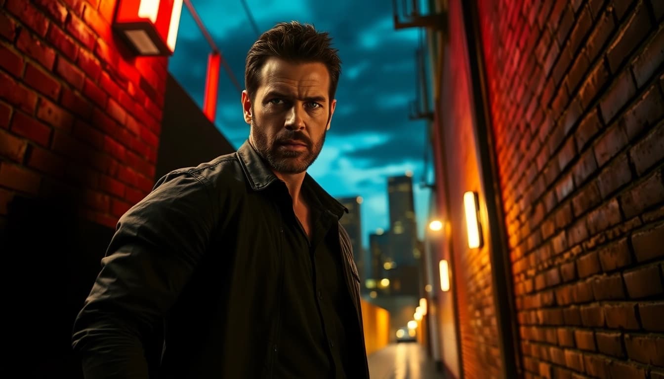Heroic figure in a gritty urban setting for a Clean action thriller, embodying tension and determination.