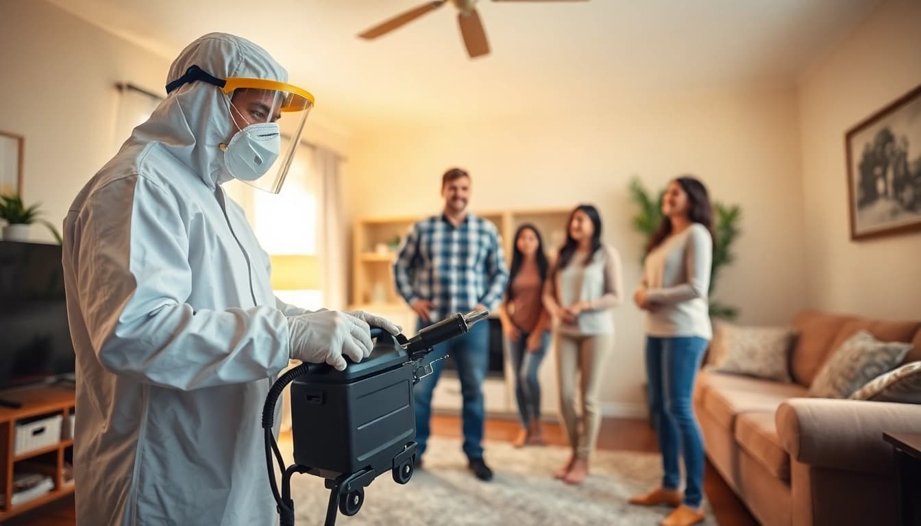 Treatment for bed bug pest control in a home, featuring a technician in action with specialized tools.