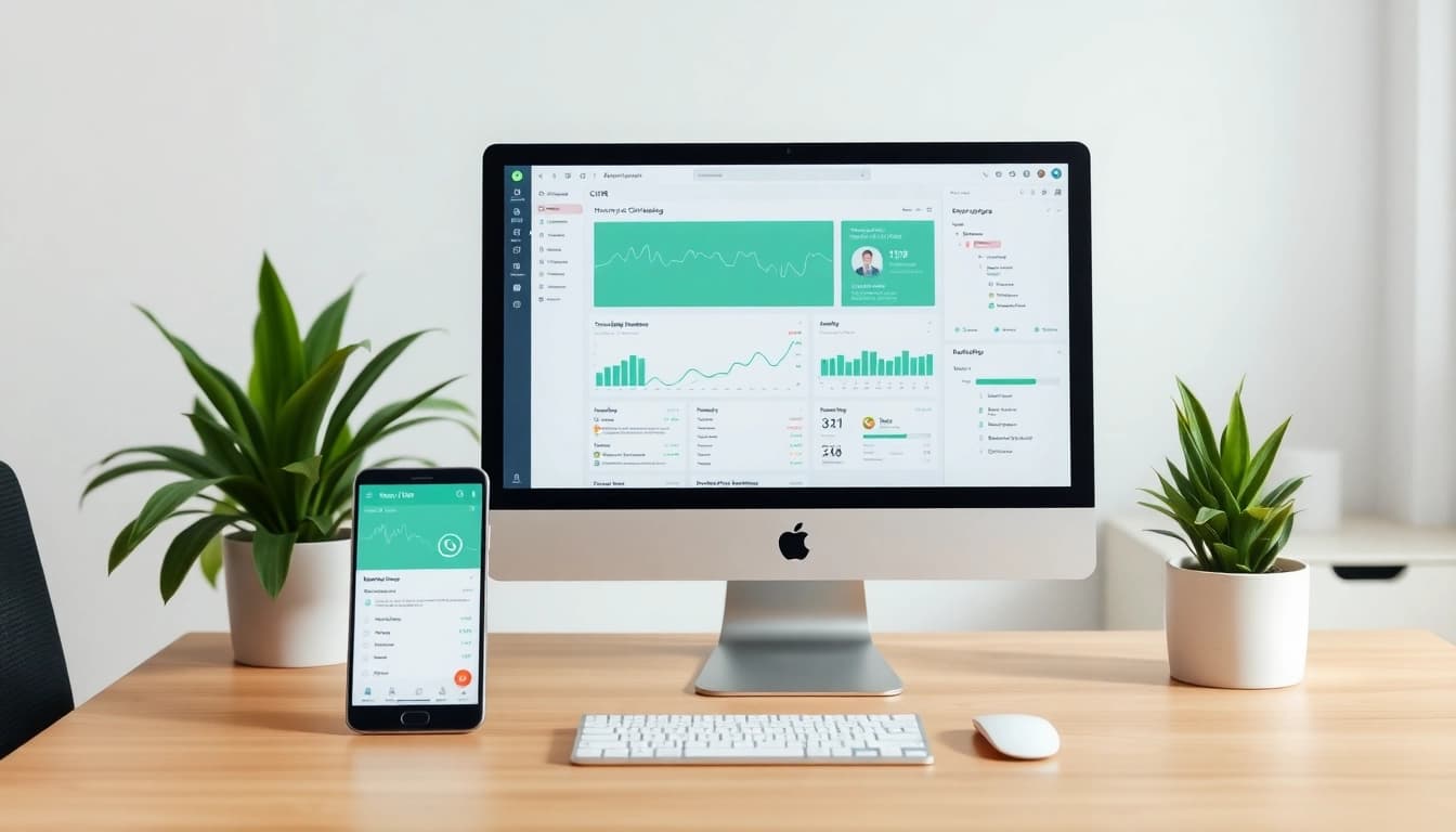 Showcasing a WhatsApp Smart CRM workspace with a computer and phone setup for business efficiency.