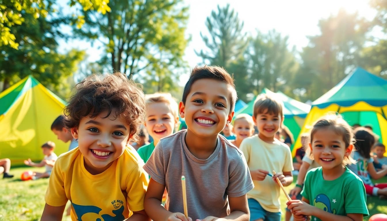 Engaged campers explore activities at a summer youth camp in a lively outdoor environment.