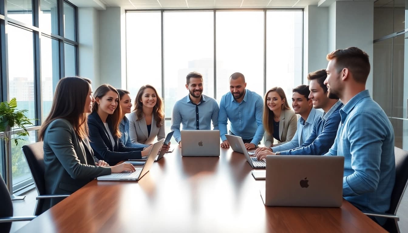 Engaged sales recruiting platform professionals collaborating in a modern office setting.
