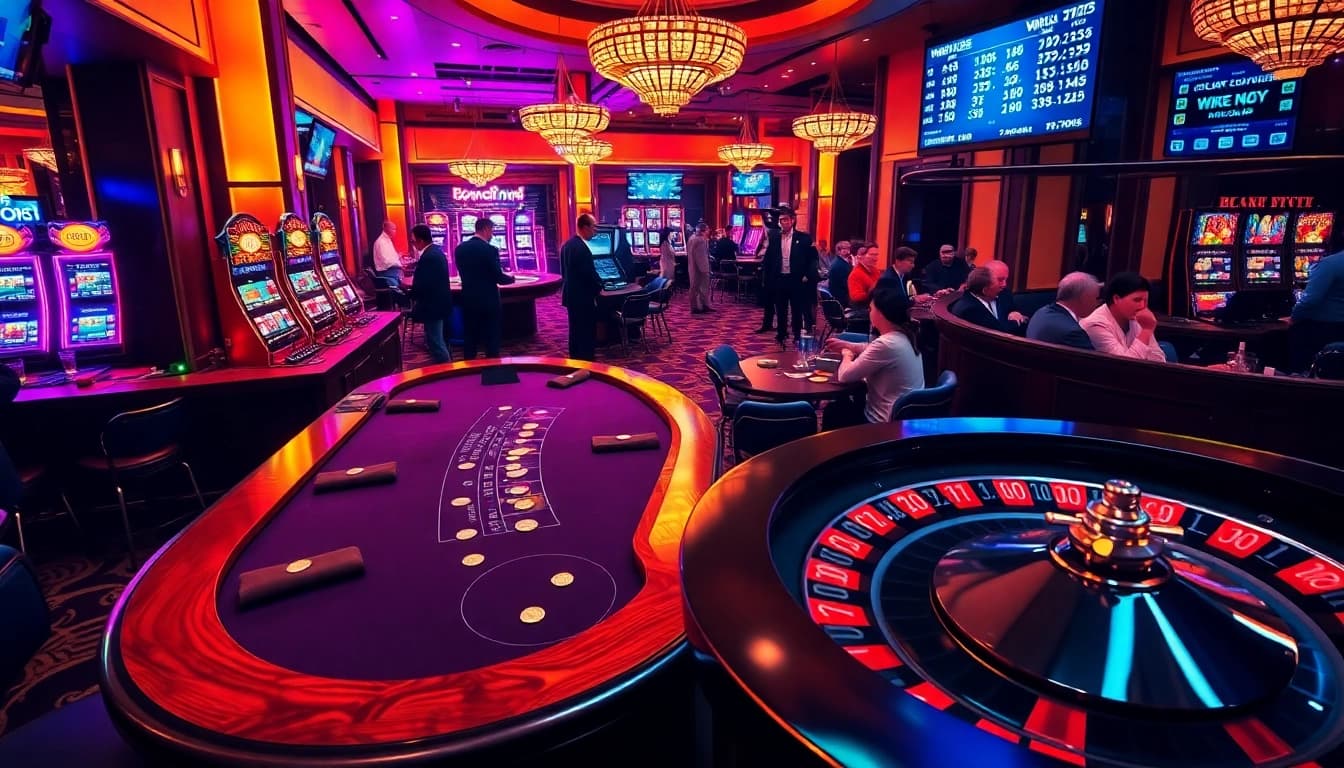 Players enjoying a dynamic experience at BK8TH casino tables with vibrant atmosphere.