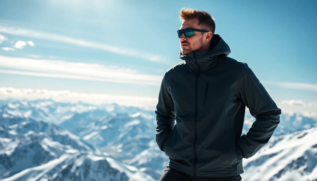 Athlete in a high-tech goretex jacket on a snowy peak, showcasing outdoor performance.