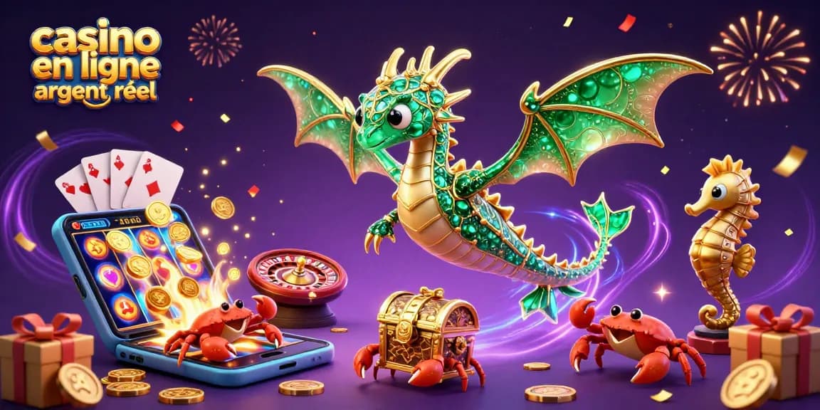 Le dragon de mer en or et émeraude surveillant un trésor éclatant dans une scène de casino en ligne argent réel.