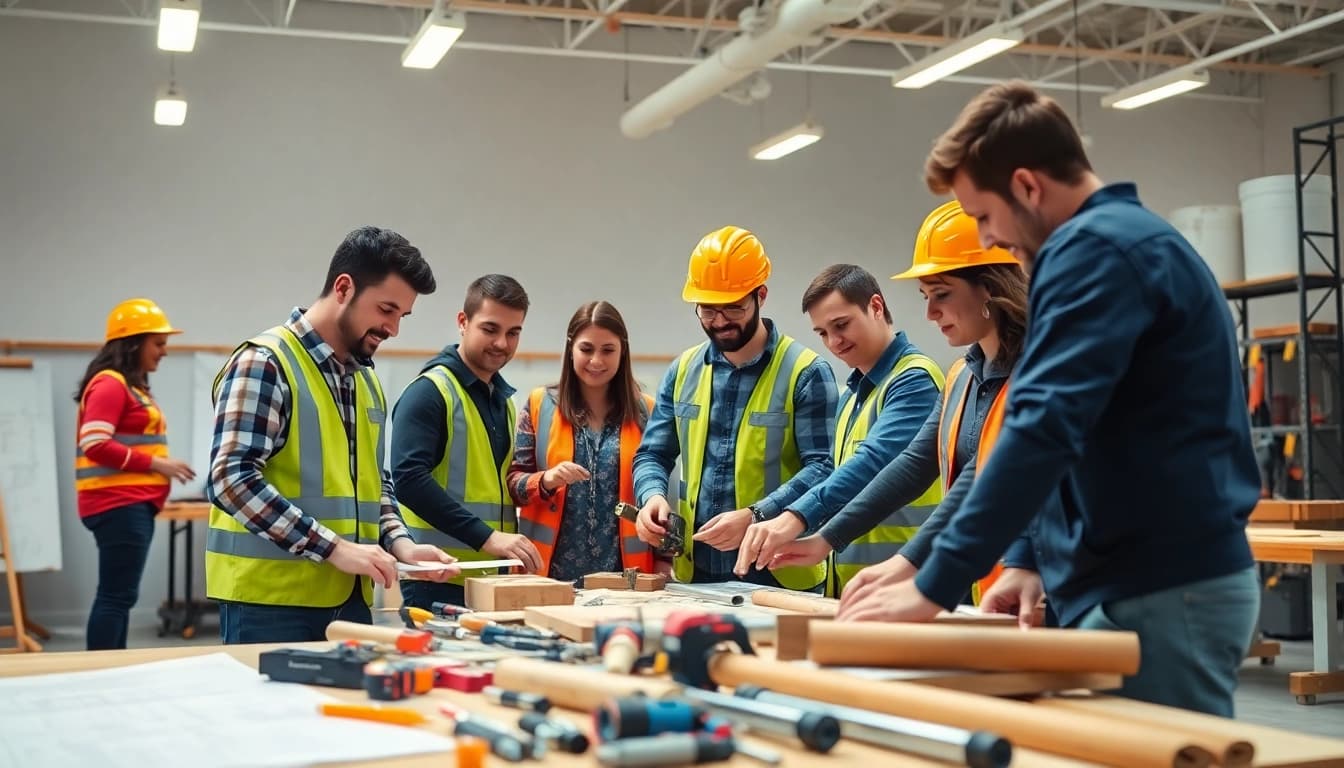 Empowered individuals in construction training programs using tools and collaborating effectively.