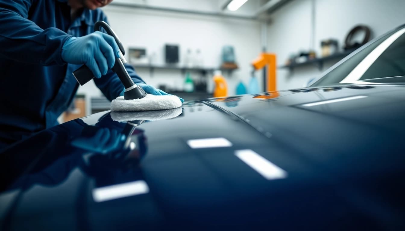 Car detailing near me with a professional detailer polishing a vehicle in a bright garage.