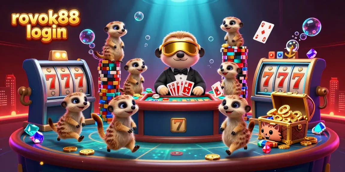 Engage with rokok88 login in a vibrant casino scene filled with meerkats and slot gaming elements.