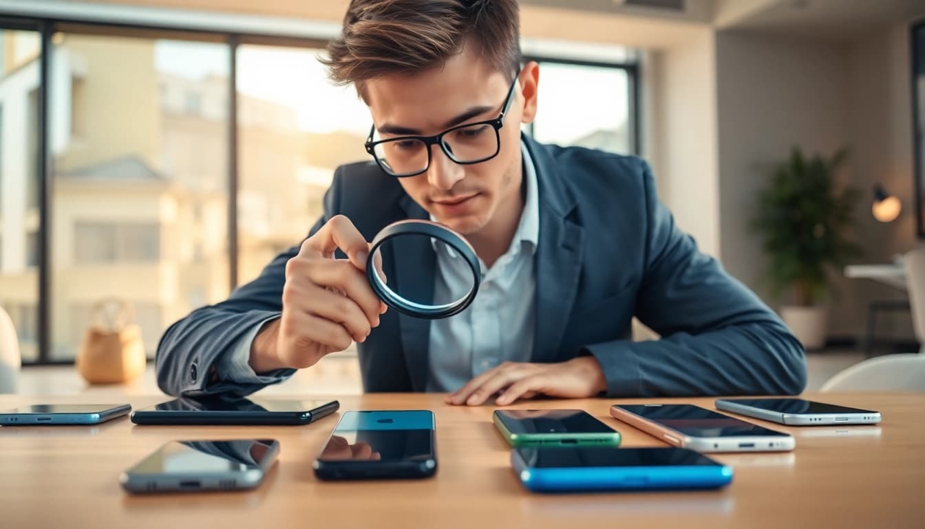 A used phone buyer thoroughly inspecting smartphones in a modern office.