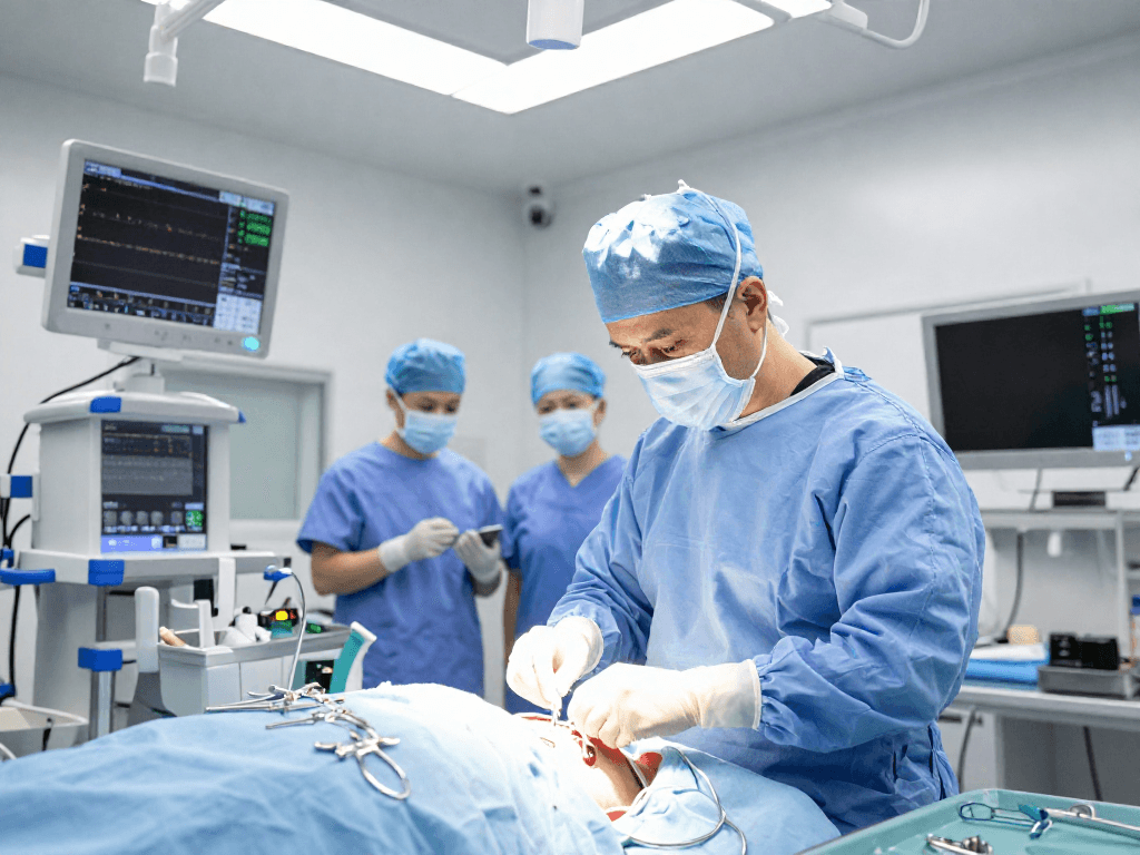 Bel kayması ameliyatı in a modern surgical setting, showcasing a focused surgeon preparing for spinal surgery.