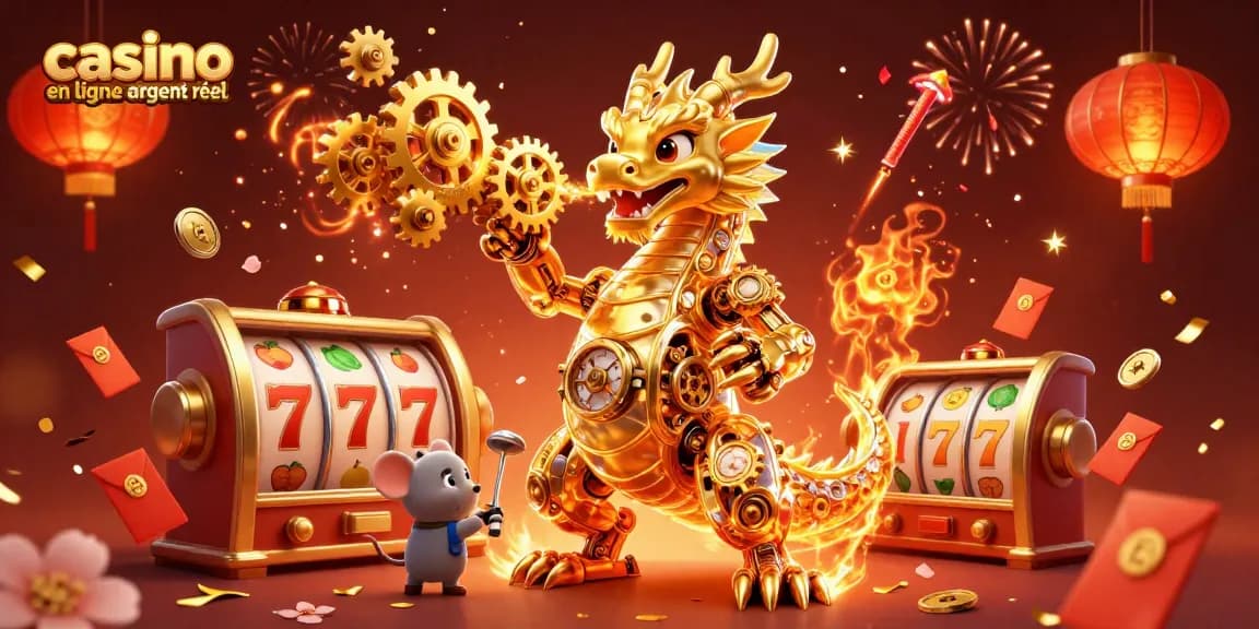 Jouez au casino en ligne argent réel avec un dragon mécanique doré entouré d'une ambiance festive.