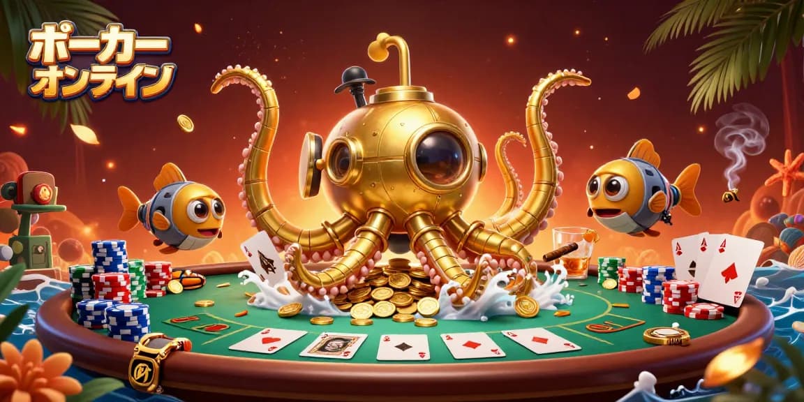 ポーカーオンラインの魅力を感じる、海の金貨に囲まれたセリフを持つポーカーディスプレイ。