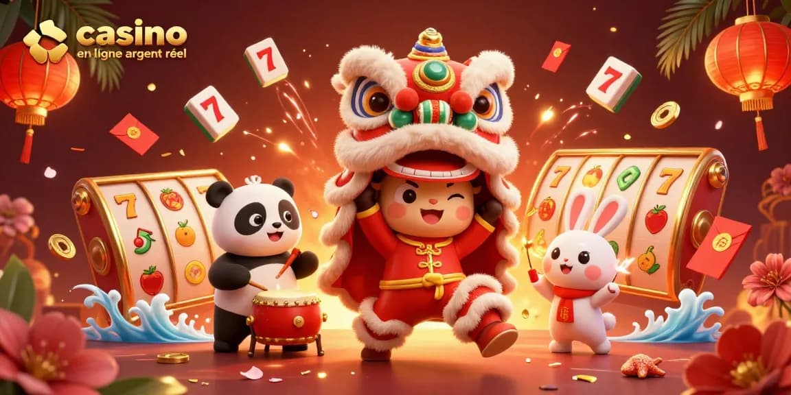 Gagnez avec le casino en ligne argent réel grâce à une illustration 3D dynamique de la danse du lion.
