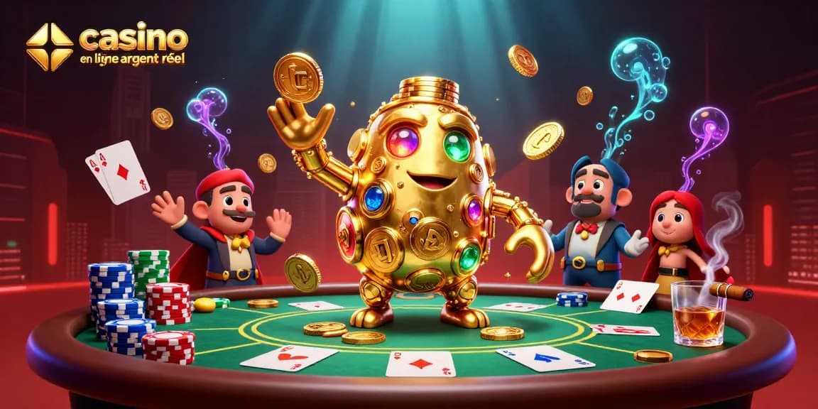 Gagnez au casino en ligne argent réel avec un golem en or et des éléments de poker.