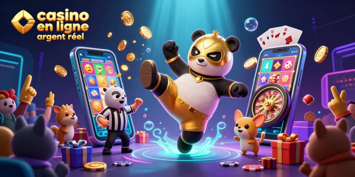 Aperçu dynamique d'un panda lutteur en maskara d'or réalisant un coup de pied, afin de promouvoir le casino en ligne argent réel.