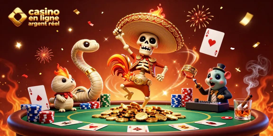 Visualisez une scène fascinante de casino en ligne argent réel avec des personnages colorés célébrant autour d'une table de poker.