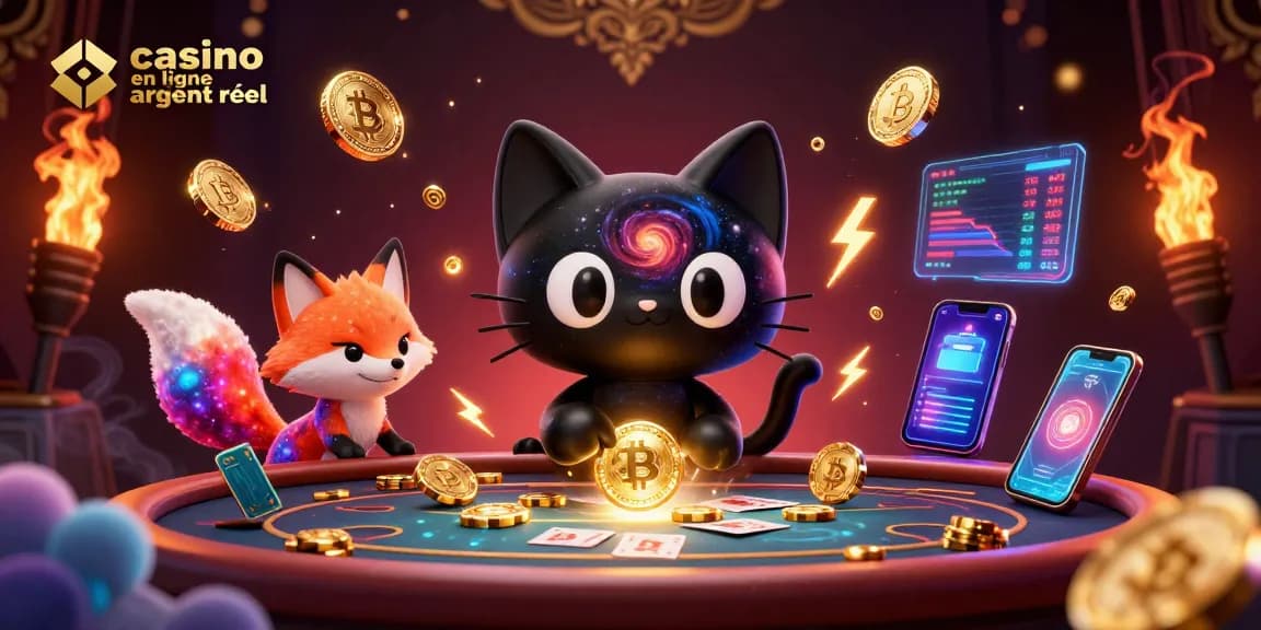 Gagnez au casino en ligne argent réel avec une illustration captivante d'un chat à trou noir et un renard nébuleux.