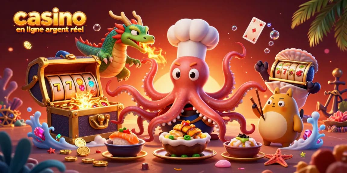 Illustration dynamique de casino en ligne argent réel avec un chef sushi pieuvre et un dragon, préparant des plats sous des éléments de jeu sous-marin
