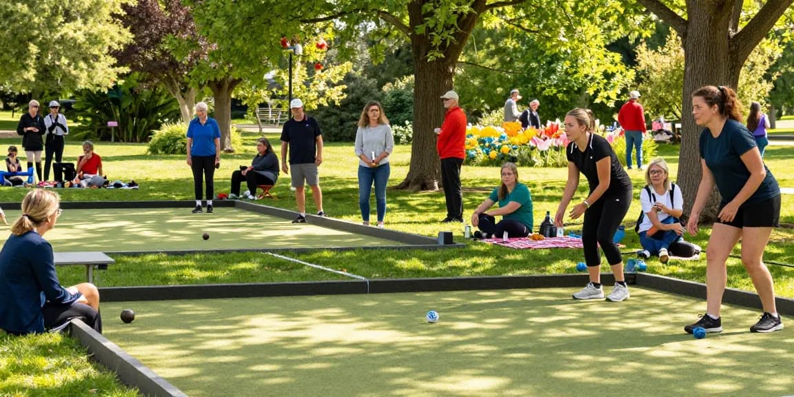 Fasilitas olahraga petanque di fopikotapontiana.org dengan pemain aktif dan suasana ceria di taman.