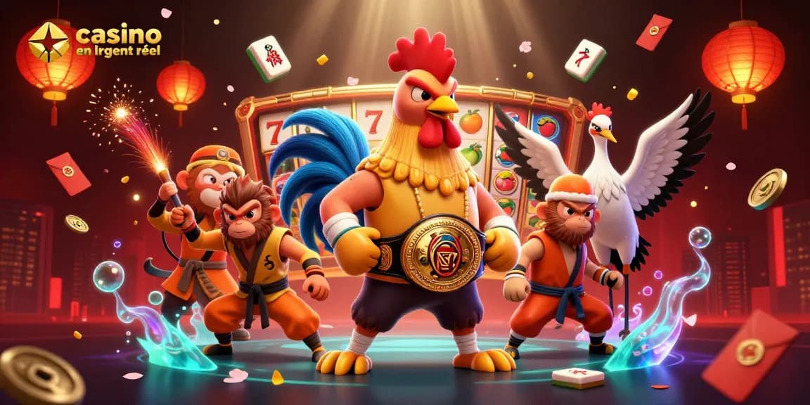 Plongez dans l'univers du casino en ligne argent réel avec un combat dynamique entre un coq Muay Thai et des maîtres martiaux, entourés de symboles de gains.