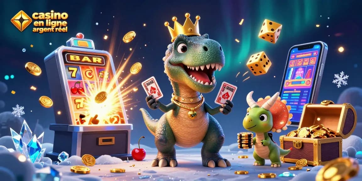Découvrez un T-Rex jouant aux cartes dans un casino en ligne argent réel, entouré de jetons dorés et de machines à sous.