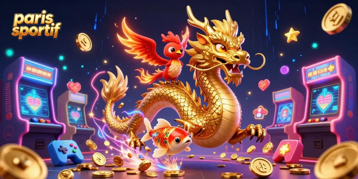Paris sportif : Dragon doré, phénix et poisson koi entourés de machines à sous et de pièces d'or.