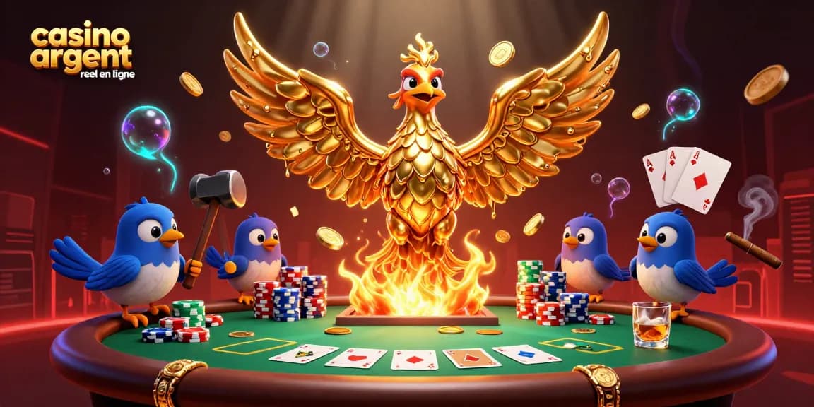 Jeu de casino argent réel en ligne avec un phénix doré émergeant d'une forge, symbole de gains.