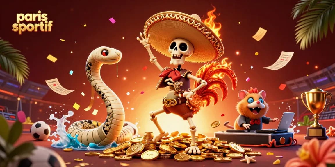 Des paris sportifs exaltants illustrés par un rooster mariachi dansant sur des pièces d'or.