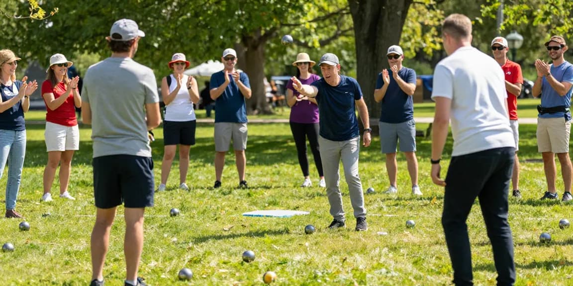 Permainan petanque meriah di taman, fopikotabalikpap.org menggambarkan suasana ceria komunitas.