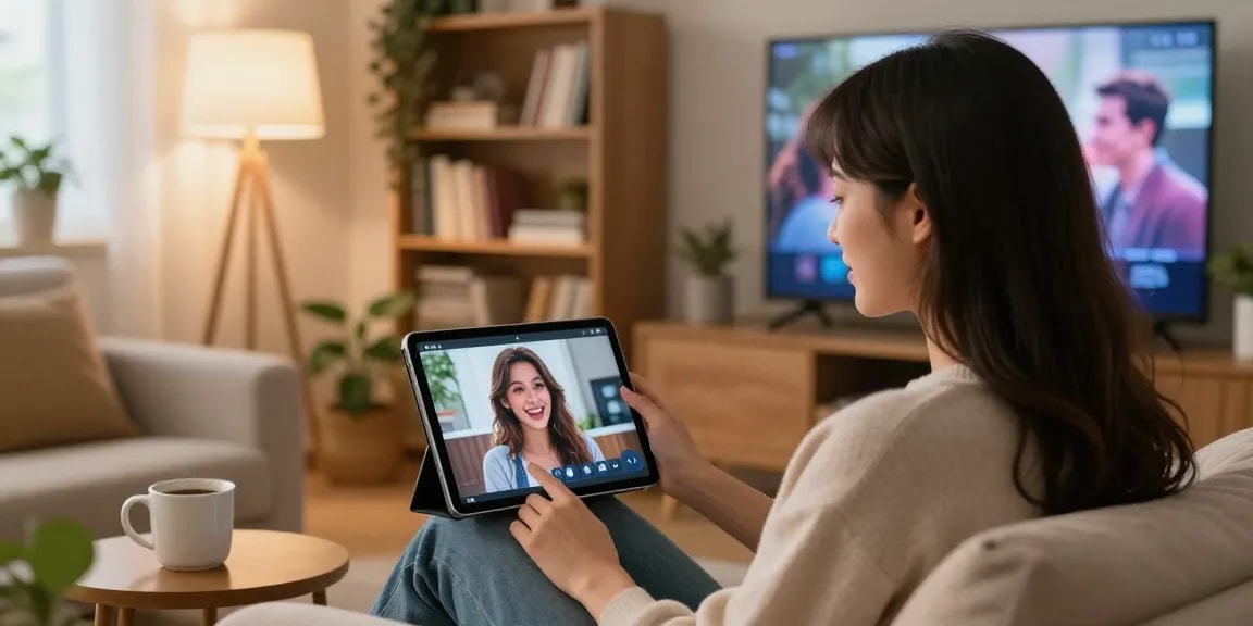 Chatting with an AI girlfriend companion on a tablet in a cozy living room.