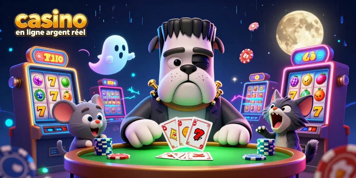 Plongez dans l'univers du casino en ligne argent réel avec un bulldog monstre, des machines à sous et des éléments animés.